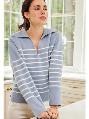 Lake Lydia Cotton Collared Sweater in Dusty Blue Nautical Stripes Size Large